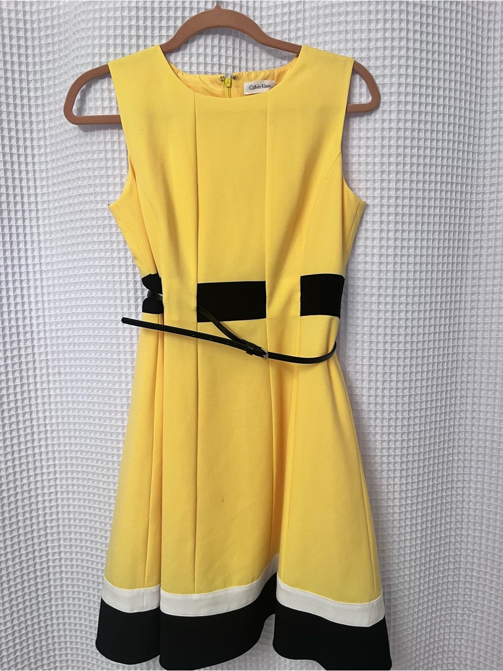 Calvin Klein Yellow Colorblock Fit & Flare Belted Dress 6P Mod